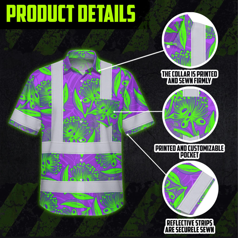 Hi Vis Hawaiian Shirt Reflective Tapes Violet Green Ohia Lehua Custom Name Safety Workwear For Workers, Truckers, Operators