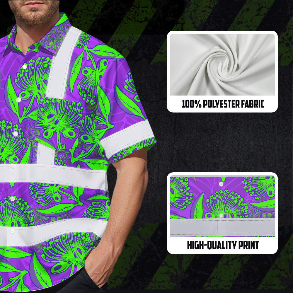 Hi Vis Hawaiian Shirt Reflective Tapes Violet Green Ohia Lehua Custom Name Safety Workwear For Workers, Truckers, Operators