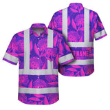 Hi Vis Hawaiian Shirt Reflective Tapes Violet Pink Ohia Lehua Custom Name Safety Workwear For Workers, Truckers, Operators