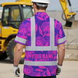 Hi Vis Hawaiian Shirt Reflective Tapes Violet Pink Ohia Lehua Custom Name Safety Workwear For Workers, Truckers, Operators