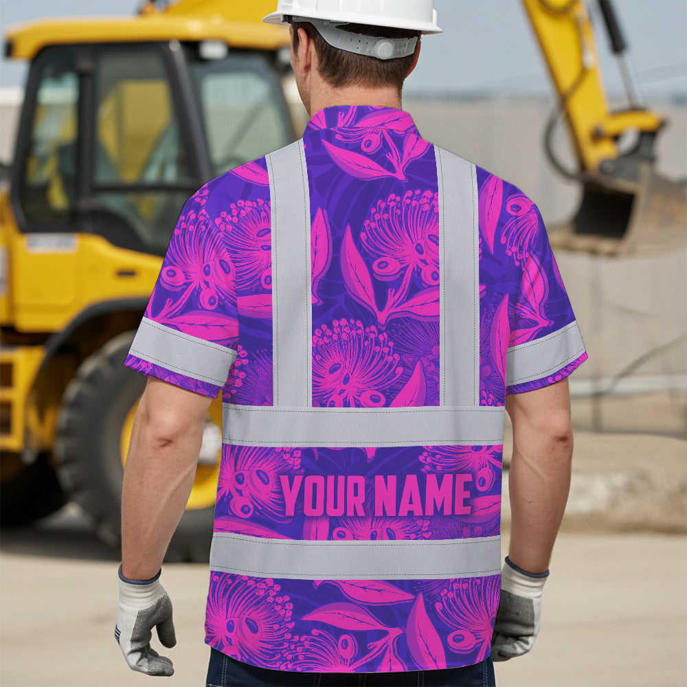 Hi Vis Hawaiian Shirt Reflective Tapes Violet Pink Ohia Lehua Custom Name Safety Workwear For Workers, Truckers, Operators