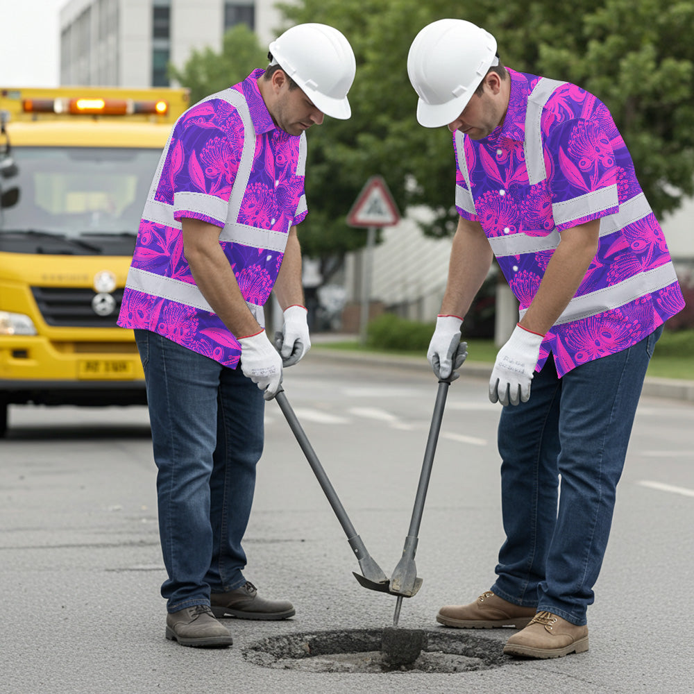 Hi Vis Hawaiian Shirt Reflective Tapes Violet Pink Ohia Lehua Custom Name Safety Workwear For Workers, Truckers, Operators