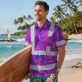Hi Vis Hawaiian Shirt Reflective Tapes Violet Pink Ohia Lehua Custom Name Safety Workwear For Workers, Truckers, Operators