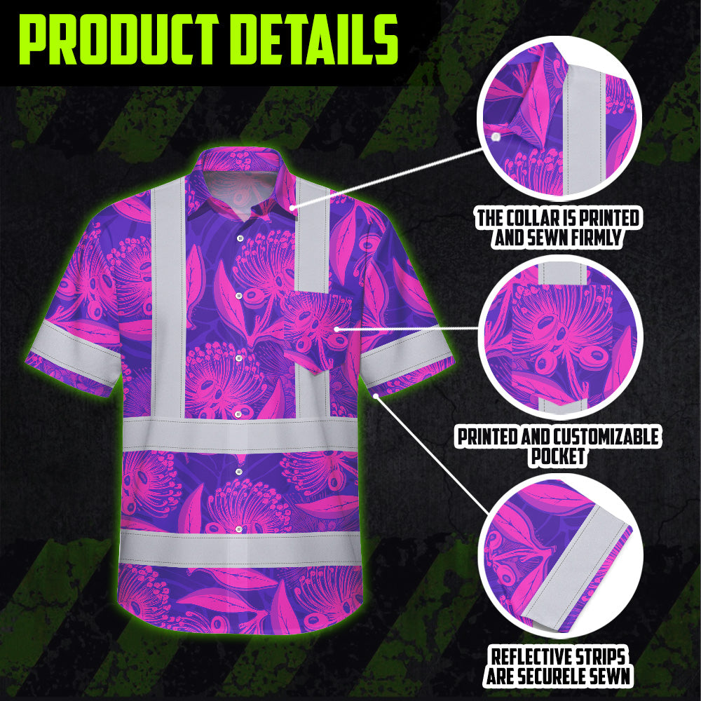 Hi Vis Hawaiian Shirt Reflective Tapes Violet Pink Ohia Lehua Custom Name Safety Workwear For Workers, Truckers, Operators