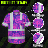 Hi Vis Hawaiian Shirt Reflective Tapes Violet Pink Ohia Lehua Custom Name Safety Workwear For Workers, Truckers, Operators