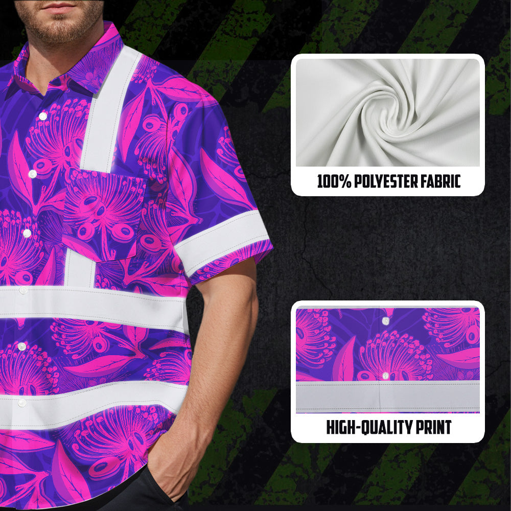 Hi Vis Hawaiian Shirt Reflective Tapes Violet Pink Ohia Lehua Custom Name Safety Workwear For Workers, Truckers, Operators