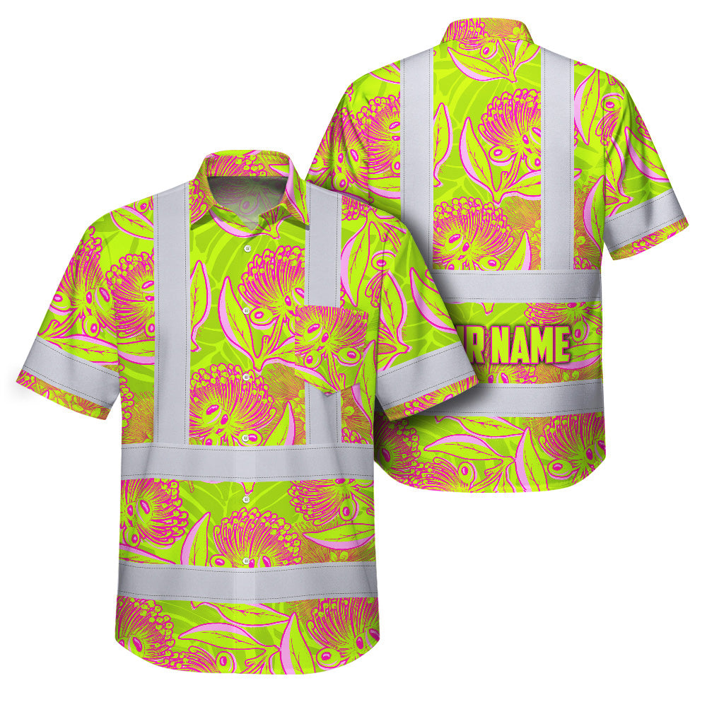 Hi Vis Hawaiian Shirt Reflective Tapes Yellow Pink Ohia Lehua Custom Name Safety Workwear For Workers, Truckers, Operators