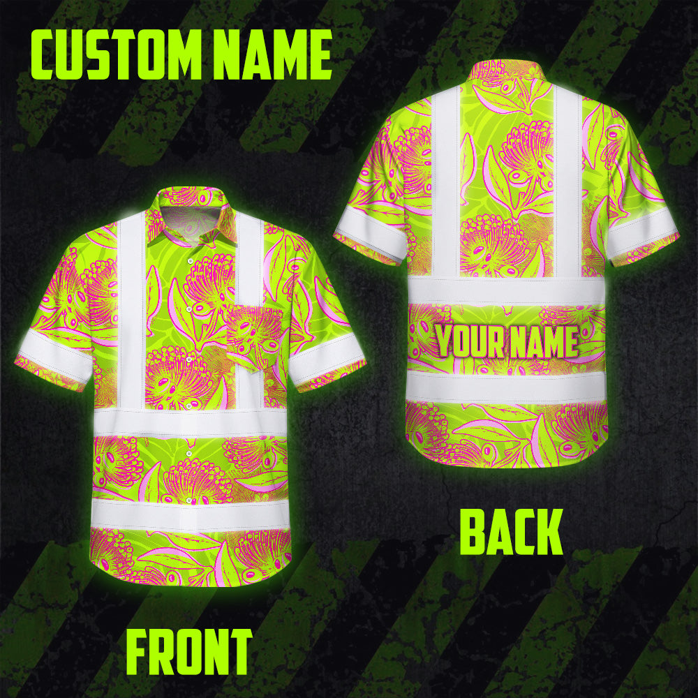 Hi Vis Hawaiian Shirt Reflective Tapes Yellow Pink Ohia Lehua Custom Name Safety Workwear For Workers, Truckers, Operators