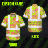 Hi Vis Hawaiian Shirt Reflective Tapes Yellow Pink Ohia Lehua Custom Name Safety Workwear For Workers, Truckers, Operators