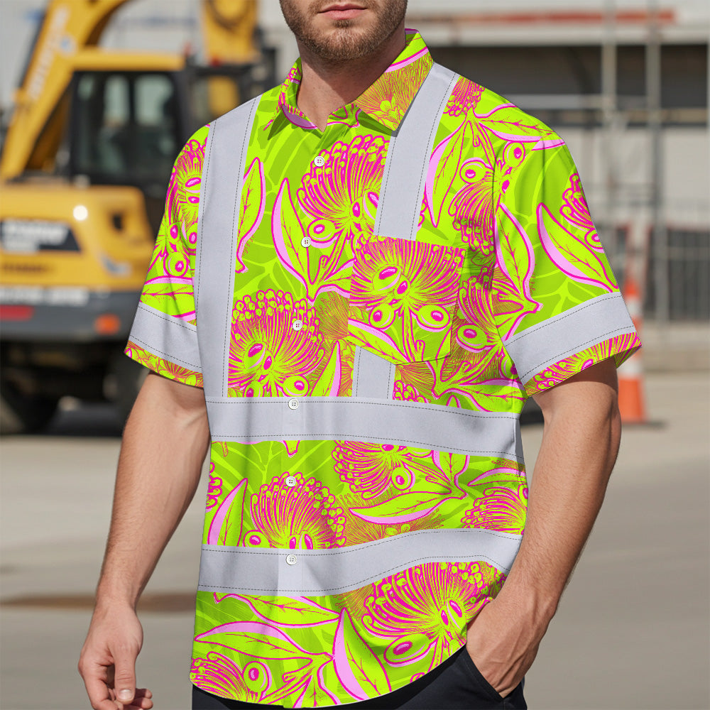 Hi Vis Hawaiian Shirt Reflective Tapes Yellow Pink Ohia Lehua Custom Name Safety Workwear For Workers, Truckers, Operators
