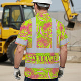 Hi Vis Hawaiian Shirt Reflective Tapes Yellow Pink Ohia Lehua Custom Name Safety Workwear For Workers, Truckers, Operators