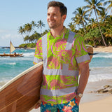 Hi Vis Hawaiian Shirt Reflective Tapes Yellow Pink Ohia Lehua Custom Name Safety Workwear For Workers, Truckers, Operators