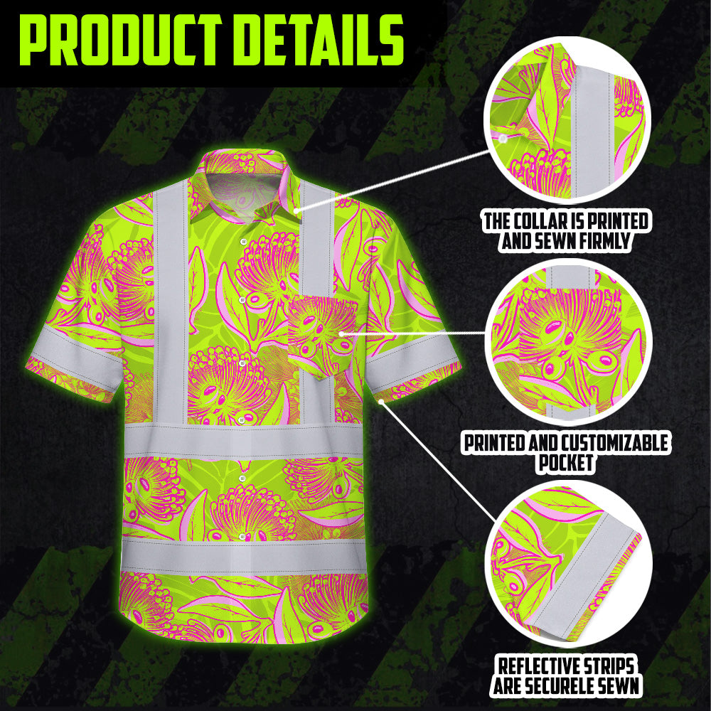 Hi Vis Hawaiian Shirt Reflective Tapes Yellow Pink Ohia Lehua Custom Name Safety Workwear For Workers, Truckers, Operators