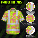 Hi Vis Hawaiian Shirt Reflective Tapes Yellow Pink Ohia Lehua Custom Name Safety Workwear For Workers, Truckers, Operators