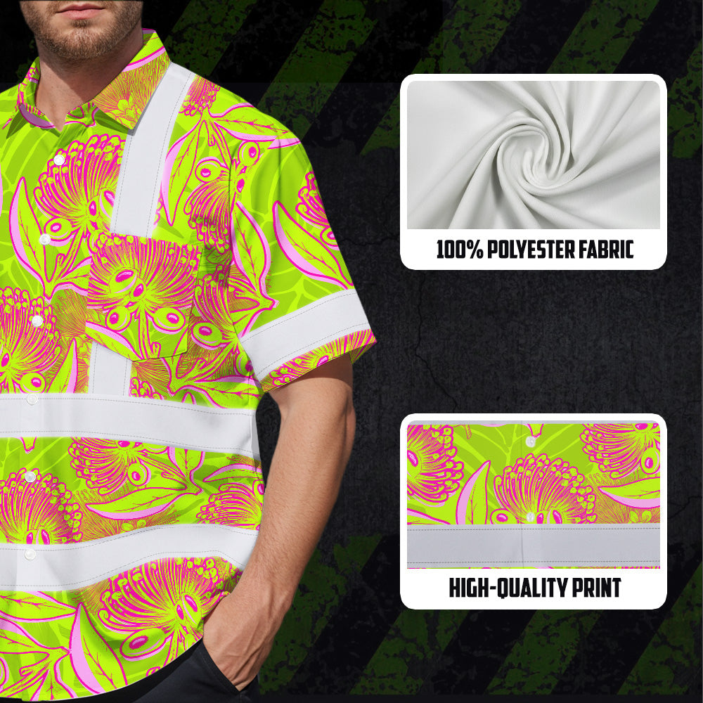 Hi Vis Hawaiian Shirt Reflective Tapes Yellow Pink Ohia Lehua Custom Name Safety Workwear For Workers, Truckers, Operators