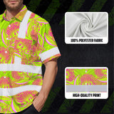 Hi Vis Hawaiian Shirt Reflective Tapes Yellow Pink Ohia Lehua Custom Name Safety Workwear For Workers, Truckers, Operators