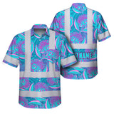 Hi Vis Hawaiian Shirt Reflective Tapes Blue Pink Ohia Lehua Custom Name Safety Workwear For Workers, Truckers, Operators