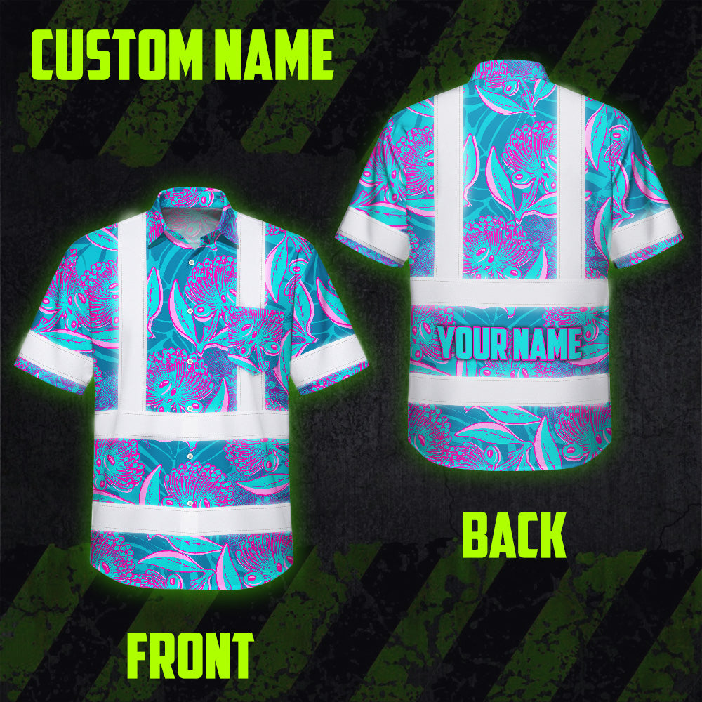 Hi Vis Hawaiian Shirt Reflective Tapes Blue Pink Ohia Lehua Custom Name Safety Workwear For Workers, Truckers, Operators