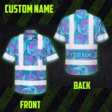 Hi Vis Hawaiian Shirt Reflective Tapes Blue Pink Ohia Lehua Custom Name Safety Workwear For Workers, Truckers, Operators