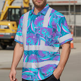 Hi Vis Hawaiian Shirt Reflective Tapes Blue Pink Ohia Lehua Custom Name Safety Workwear For Workers, Truckers, Operators