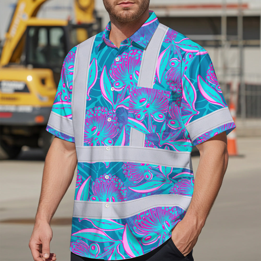 Hi Vis Hawaiian Shirt Reflective Tapes Blue Pink Ohia Lehua Custom Name Safety Workwear For Workers, Truckers, Operators