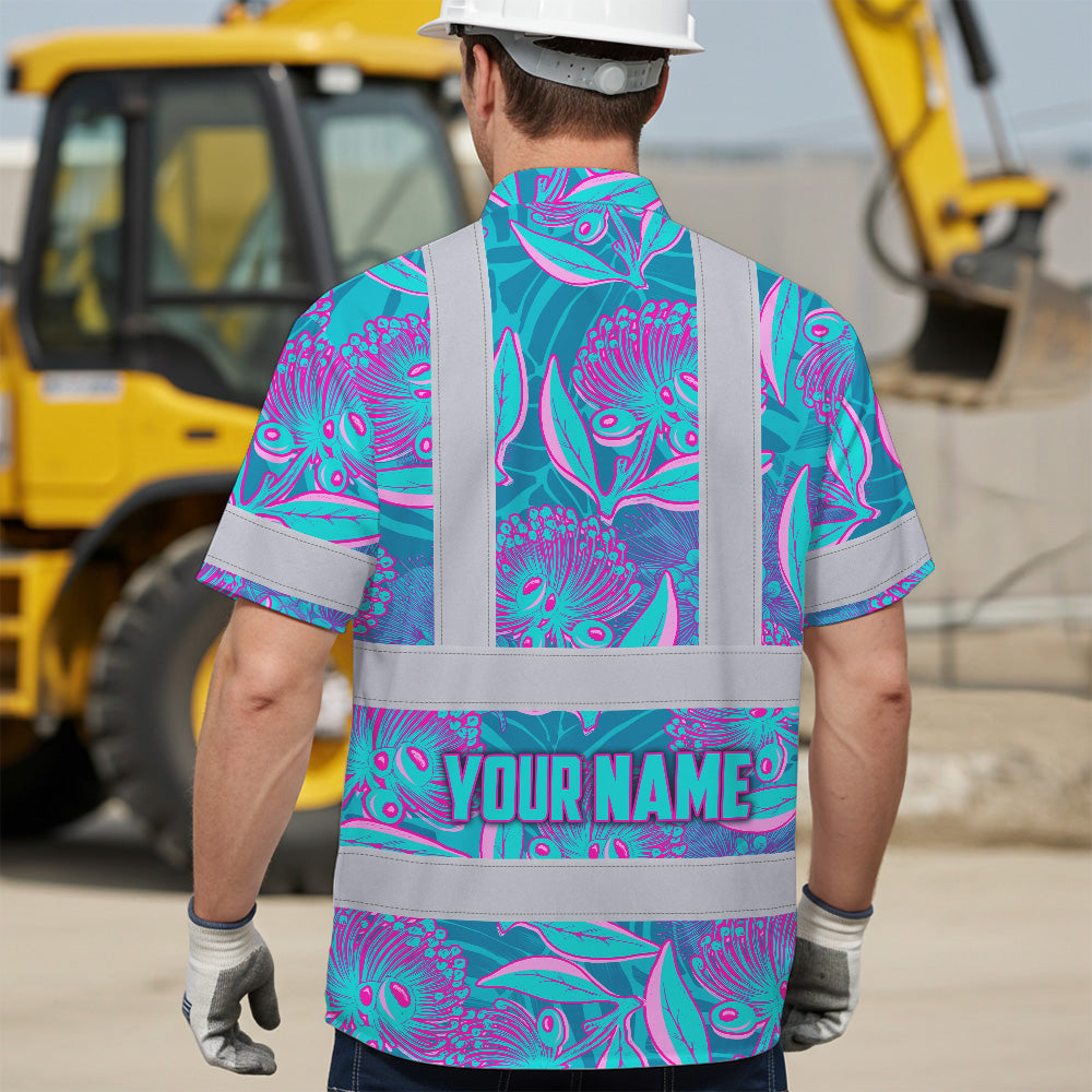 Hi Vis Hawaiian Shirt Reflective Tapes Blue Pink Ohia Lehua Custom Name Safety Workwear For Workers, Truckers, Operators