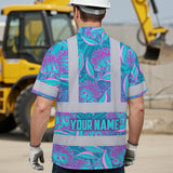 Hi Vis Hawaiian Shirt Reflective Tapes Blue Pink Ohia Lehua Custom Name Safety Workwear For Workers, Truckers, Operators