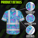 Hi Vis Hawaiian Shirt Reflective Tapes Blue Pink Ohia Lehua Custom Name Safety Workwear For Workers, Truckers, Operators