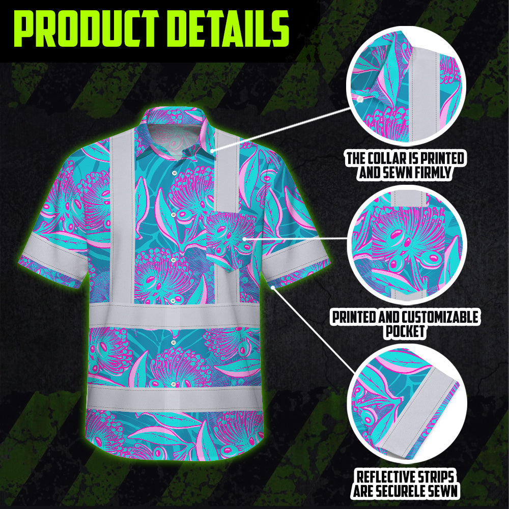 Hi Vis Hawaiian Shirt Reflective Tapes Blue Pink Ohia Lehua Custom Name Safety Workwear For Workers, Truckers, Operators