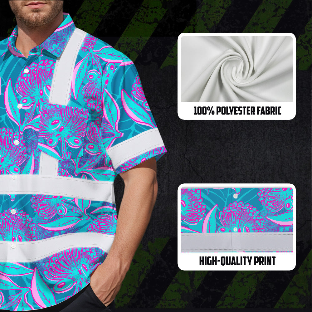 Hi Vis Hawaiian Shirt Reflective Tapes Blue Pink Ohia Lehua Custom Name Safety Workwear For Workers, Truckers, Operators