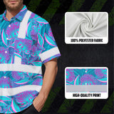 Hi Vis Hawaiian Shirt Reflective Tapes Blue Pink Ohia Lehua Custom Name Safety Workwear For Workers, Truckers, Operators