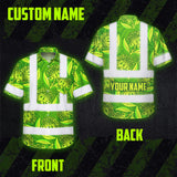 Hi Vis Hawaiian Shirt Reflective Tapes Green Lime Ohia Lehua Custom Name Safety Workwear For Workers, Truckers, Operators