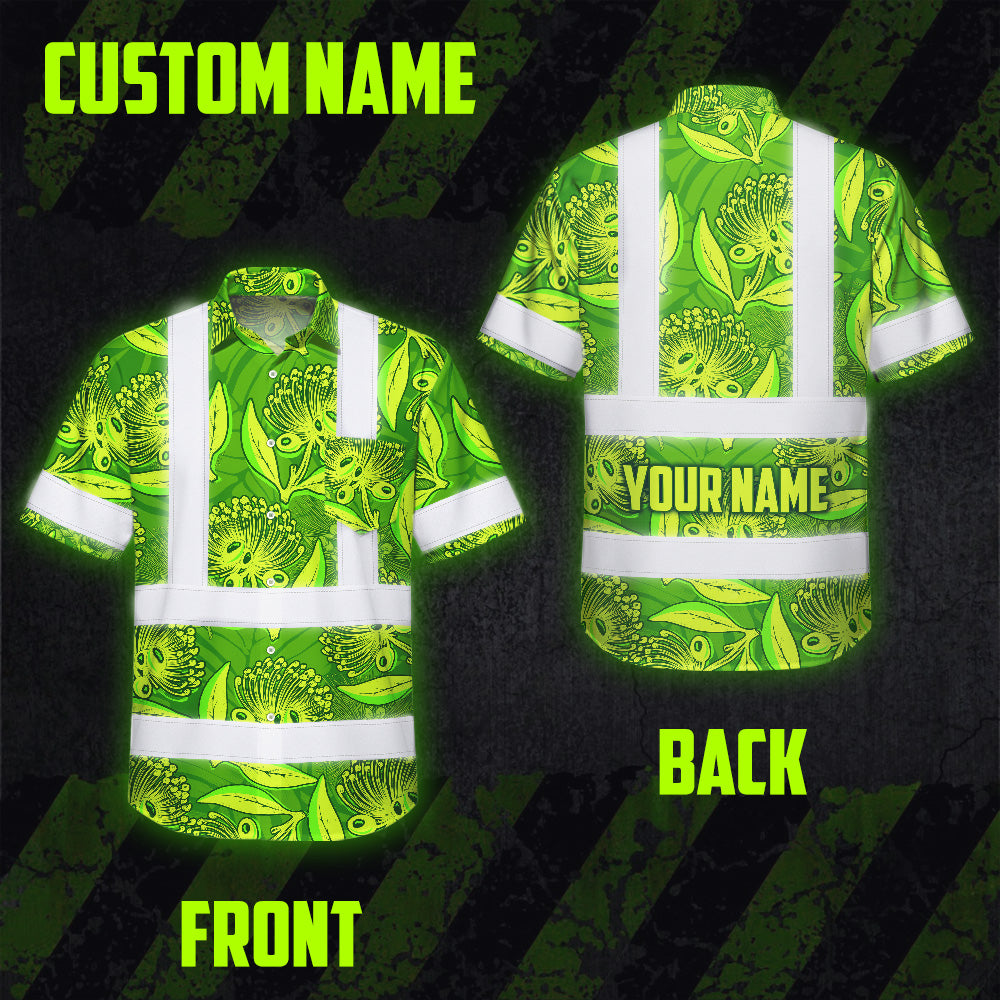 Hi Vis Hawaiian Shirt Reflective Tapes Green Lime Ohia Lehua Custom Name Safety Workwear For Workers, Truckers, Operators