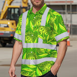 Hi Vis Hawaiian Shirt Reflective Tapes Green Lime Ohia Lehua Custom Name Safety Workwear For Workers, Truckers, Operators