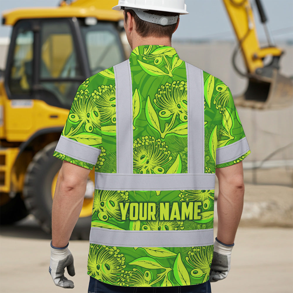 Hi Vis Hawaiian Shirt Reflective Tapes Green Lime Ohia Lehua Custom Name Safety Workwear For Workers, Truckers, Operators