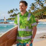 Hi Vis Hawaiian Shirt Reflective Tapes Green Lime Ohia Lehua Custom Name Safety Workwear For Workers, Truckers, Operators