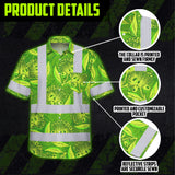 Hi Vis Hawaiian Shirt Reflective Tapes Green Lime Ohia Lehua Custom Name Safety Workwear For Workers, Truckers, Operators
