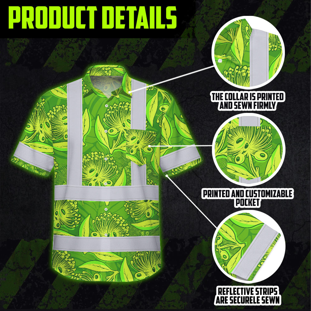 Hi Vis Hawaiian Shirt Reflective Tapes Green Lime Ohia Lehua Custom Name Safety Workwear For Workers, Truckers, Operators