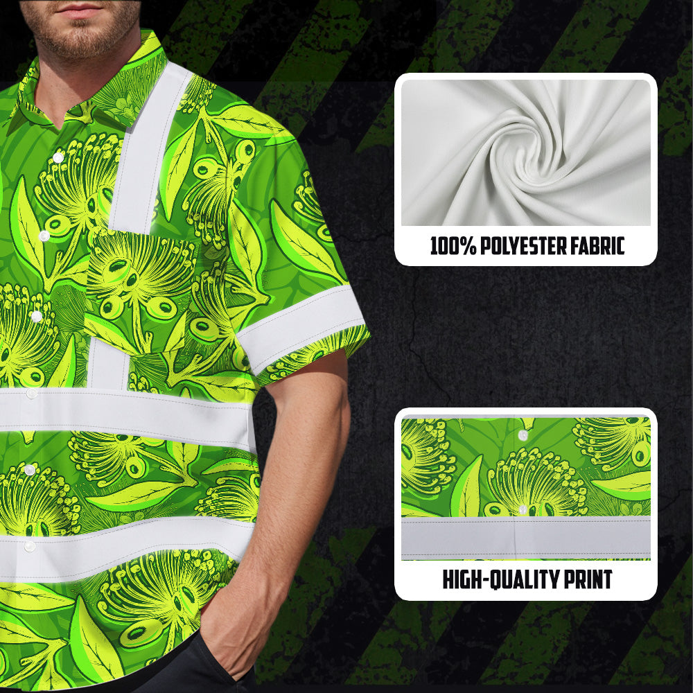 Hi Vis Hawaiian Shirt Reflective Tapes Green Lime Ohia Lehua Custom Name Safety Workwear For Workers, Truckers, Operators
