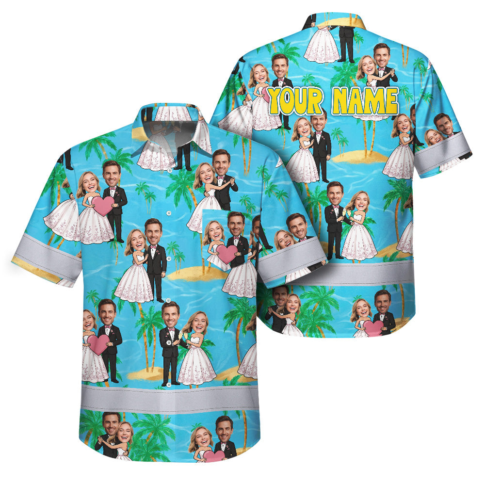 Hi Vis Hawaiian Shirt Reflective Tapes Funny Couple Wedding 2 Custom Name And Image Safety Workwear For Workers, Truckers, Operators