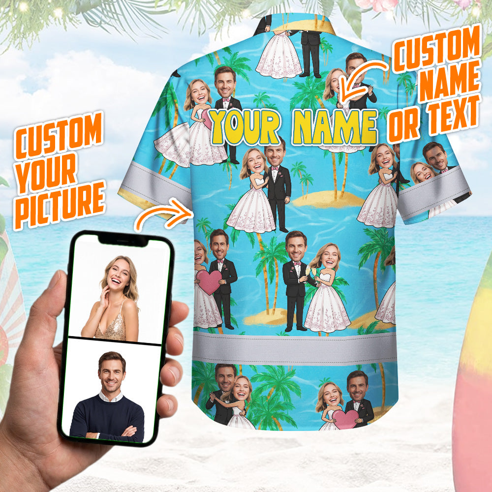 Hi Vis Hawaiian Shirt Reflective Tapes Funny Couple Wedding 2 Custom Name And Image Safety Workwear For Workers, Truckers, Operators