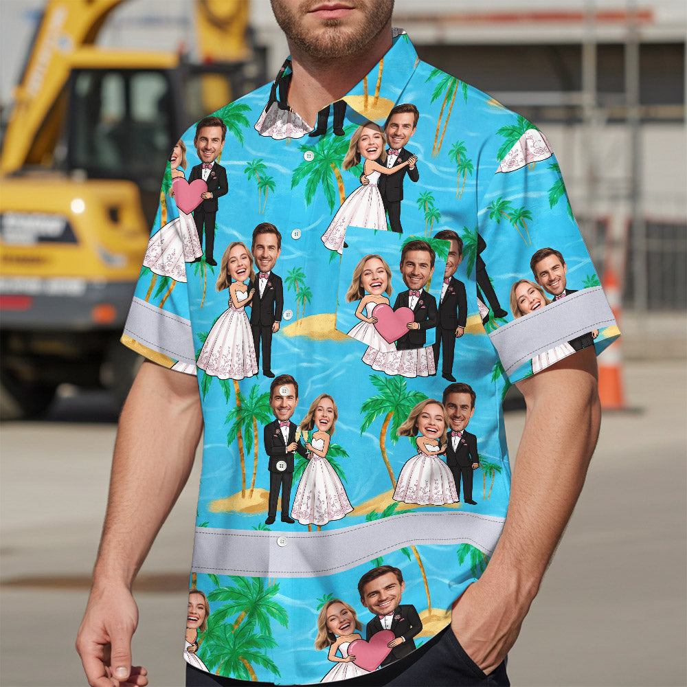 Hi Vis Hawaiian Shirt Reflective Tapes Funny Couple Wedding 2 Custom Name And Image Safety Workwear For Workers, Truckers, Operators