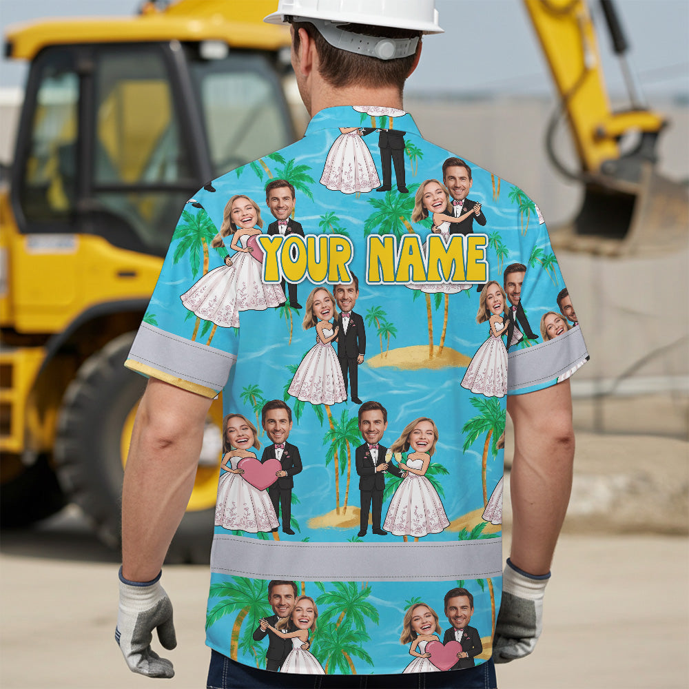 Hi Vis Hawaiian Shirt Reflective Tapes Funny Couple Wedding 2 Custom Name And Image Safety Workwear For Workers, Truckers, Operators
