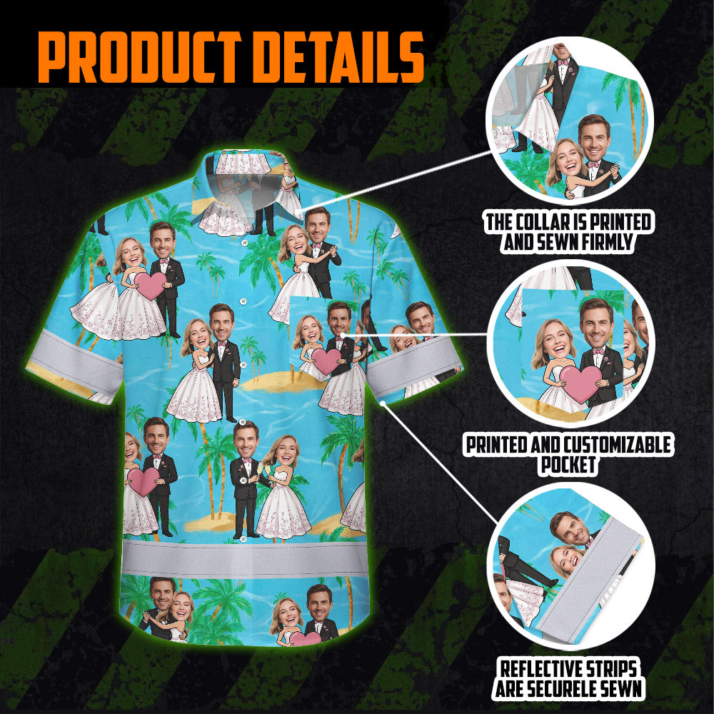 Hi Vis Hawaiian Shirt Reflective Tapes Funny Couple Wedding 2 Custom Name And Image Safety Workwear For Workers, Truckers, Operators
