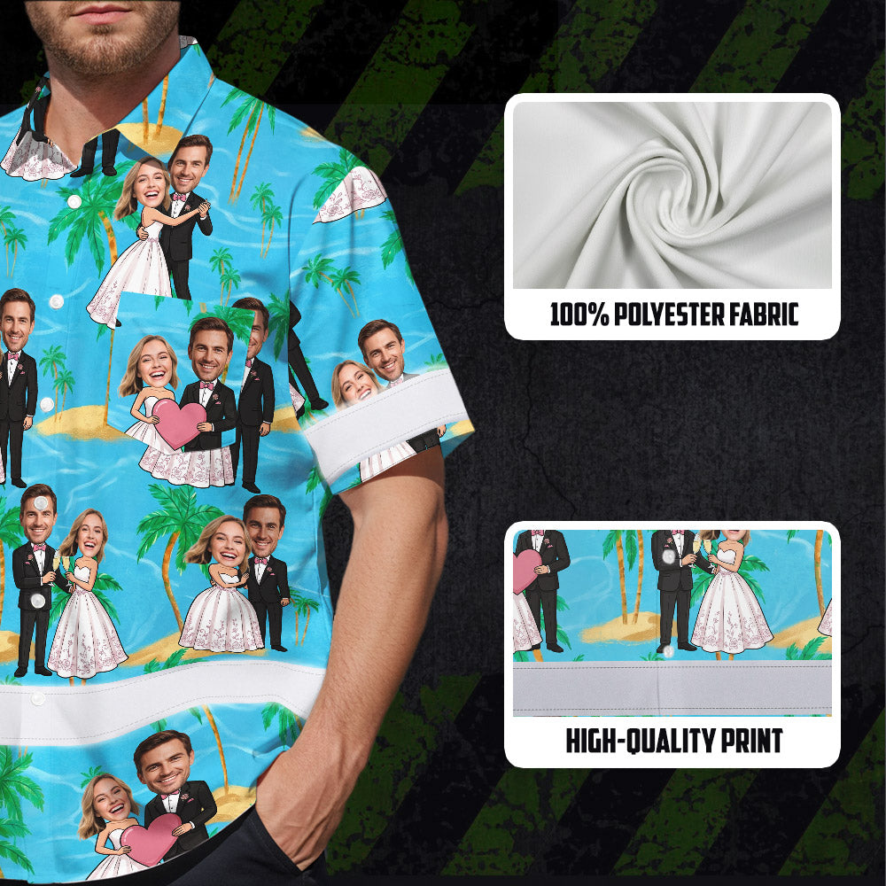 Hi Vis Hawaiian Shirt Reflective Tapes Funny Couple Wedding 2 Custom Name And Image Safety Workwear For Workers, Truckers, Operators