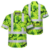 Hi Vis Hawaiian Shirt Reflective Tapes Green Lime Anthurium Custom Name Safety Workwear For Workers, Truckers, Operators