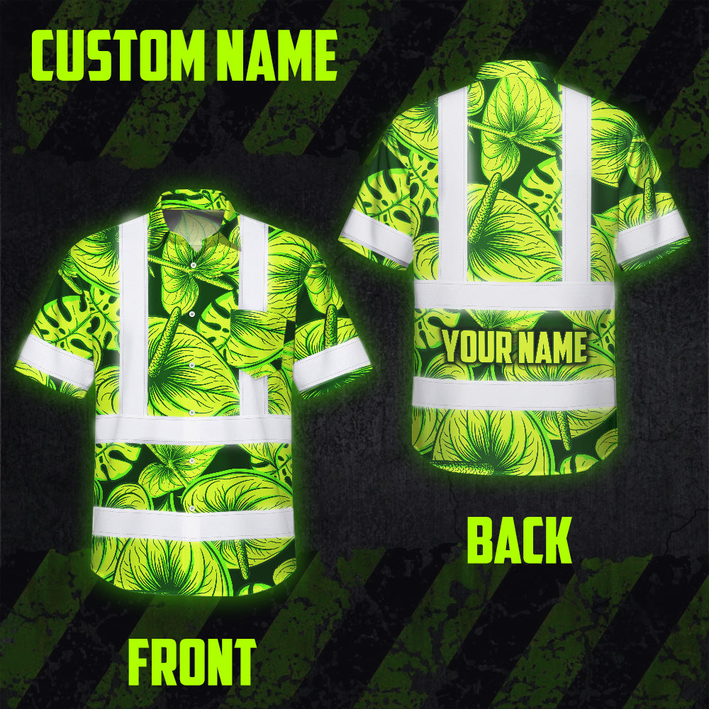 Hi Vis Hawaiian Shirt Reflective Tapes Green Lime Anthurium Custom Name Safety Workwear For Workers, Truckers, Operators