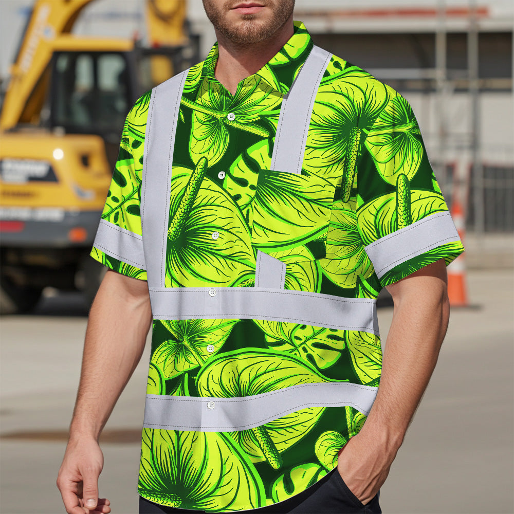 Hi Vis Hawaiian Shirt Reflective Tapes Green Lime Anthurium Custom Name Safety Workwear For Workers, Truckers, Operators