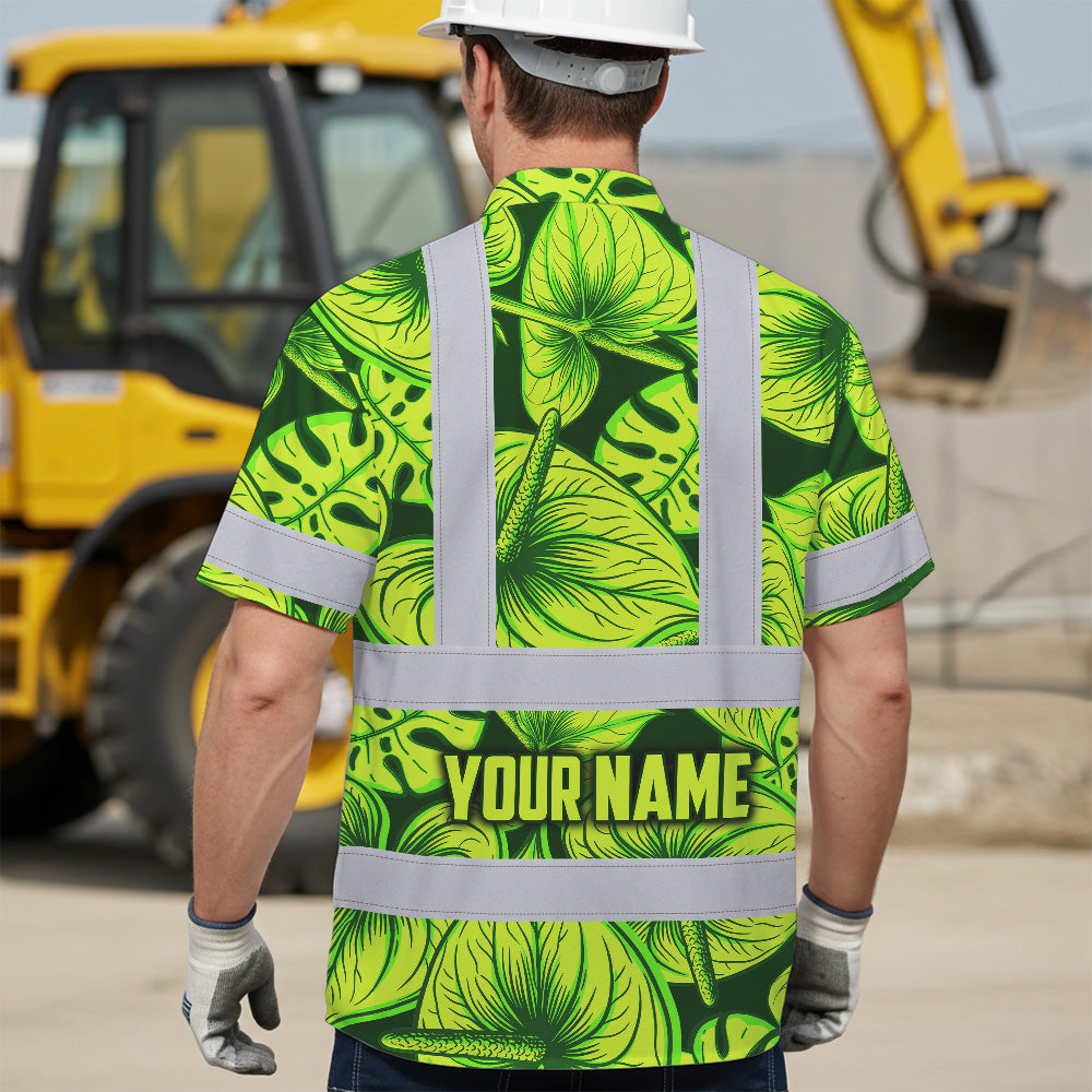 Hi Vis Hawaiian Shirt Reflective Tapes Green Lime Anthurium Custom Name Safety Workwear For Workers, Truckers, Operators