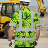 Hi Vis Hawaiian Shirt Reflective Tapes Green Lime Anthurium Custom Name Safety Workwear For Workers, Truckers, Operators